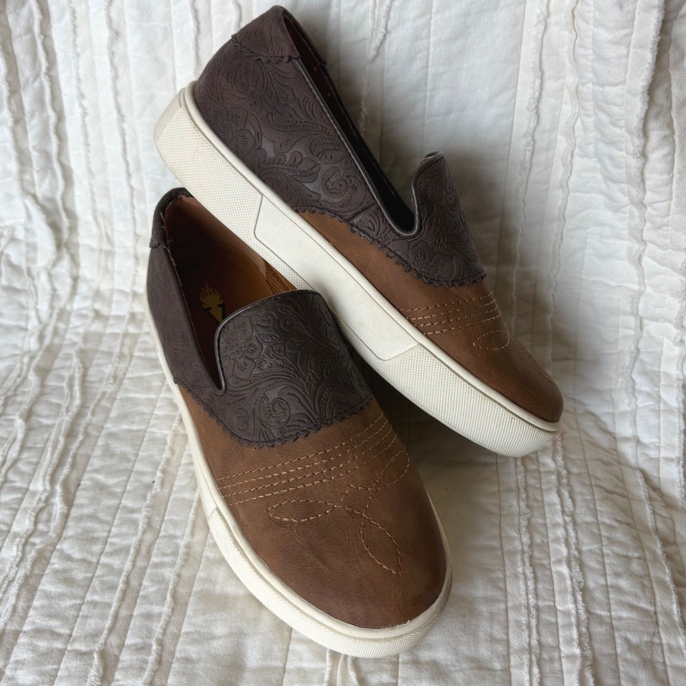 Volatile Slip On Sneakers Brown Western Cowgirl Tooled Floral Loafers Womens 7